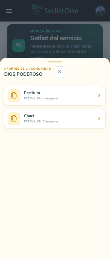 Vista móvil real de partituras y charts aportados a una canción