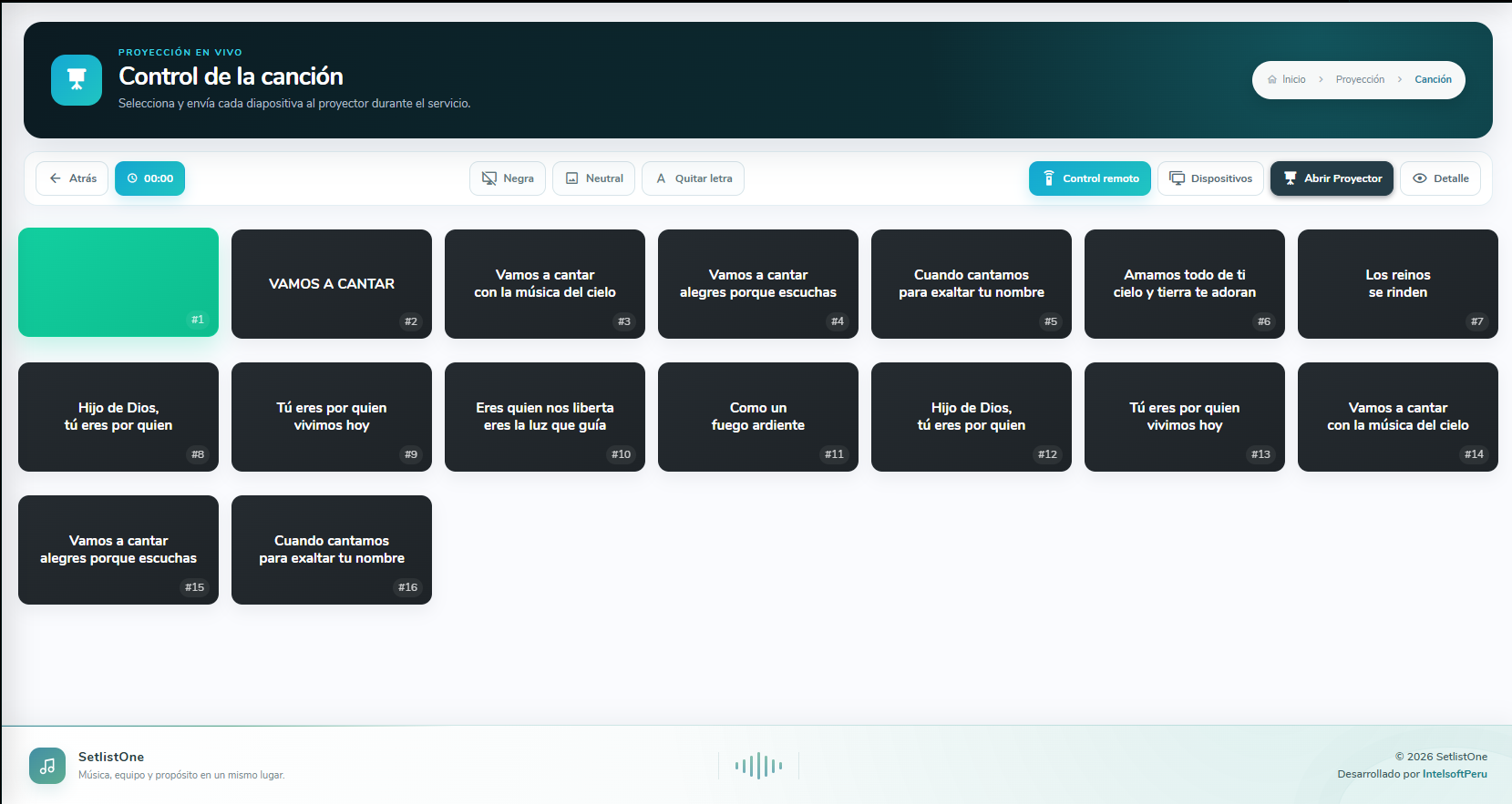 Control real de diapositivas para proyección en SetlistOne